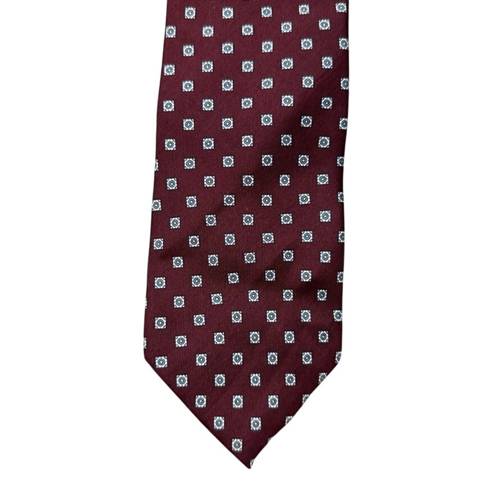 Adams Row Mens Silk Tie Burgundy Geometric Medallion Hand Made in Italy 3.5 Inch